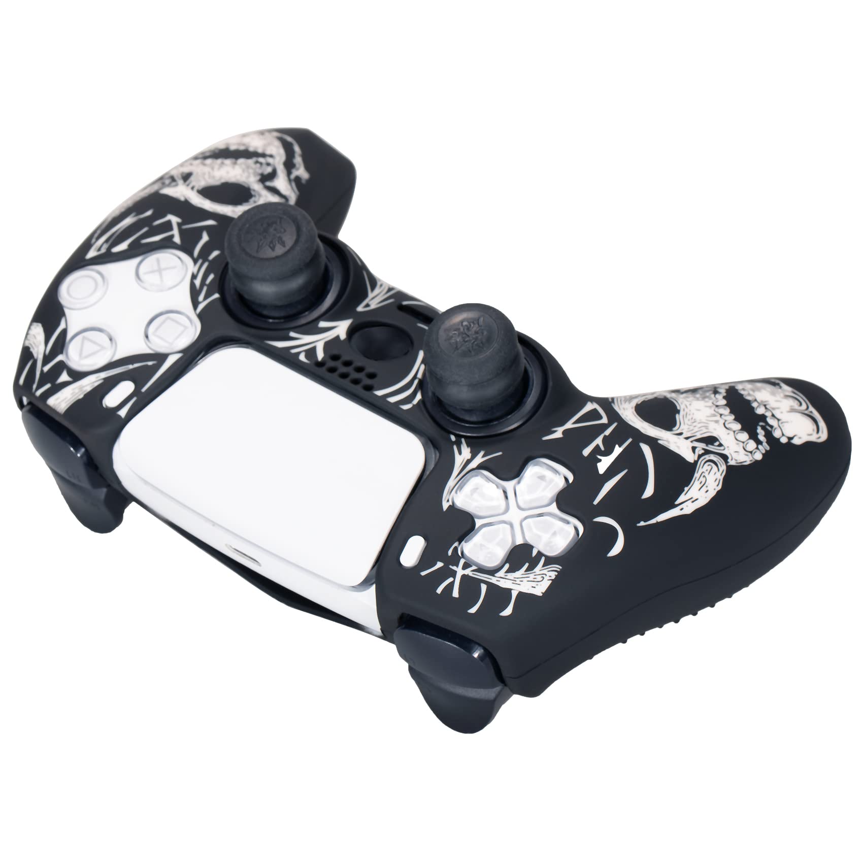 YoRHa Laser Carving Silicone Skin for PS5 Controller x 1(Skulls White) with Exclusive Thumb Grips x 8