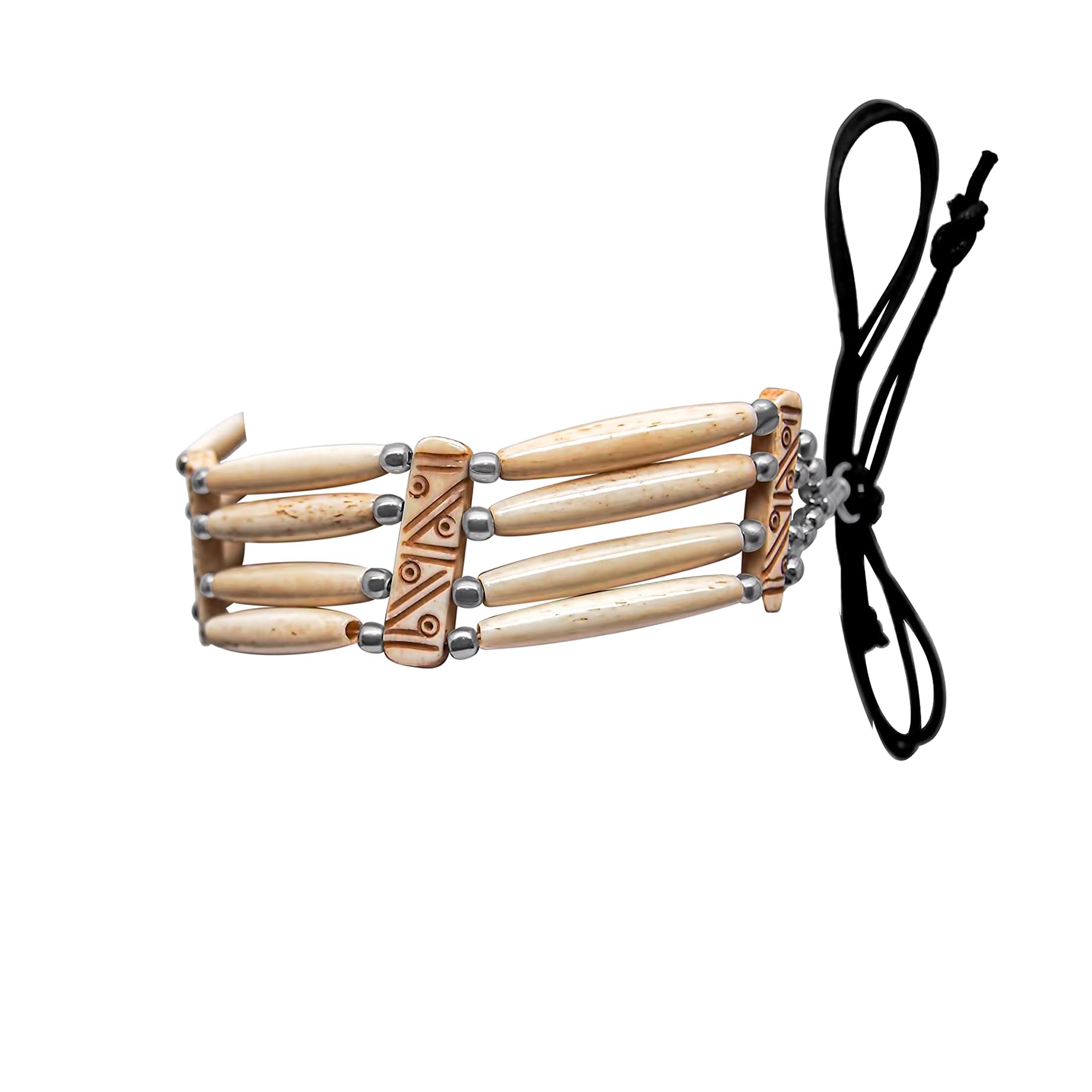 outROAR Gear American Indian Style Bone Choker Necklace, 4 Row Off-White Traditional Hairpipe Beads, Unisex Adjustable