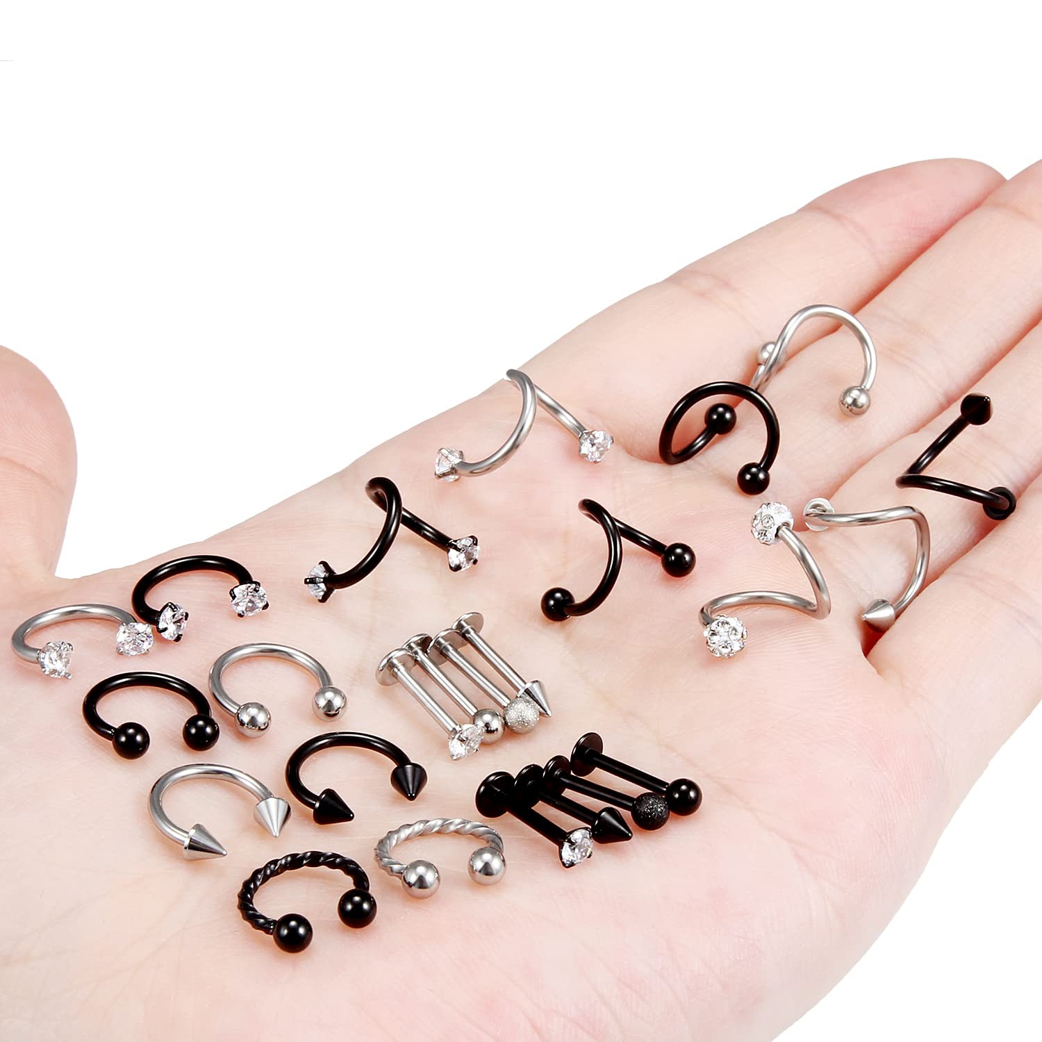 Ovxznts 24Pcs Assorted Design 16g Lip Rings Studs Medusa Piercing Jewelry Surgical Steel Monroe Labret Tragus Earrings Hoop Horseshoe Septum Ring Twist Helix Cartilage Piercings for Women Men