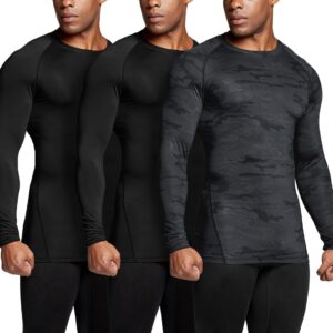 TSLA Men's UPF 50+ Compression 3-Pack - Long Sleeve Athletic Workout Shirt, Water Sports Rash Guard, Large Black/Urban Camo