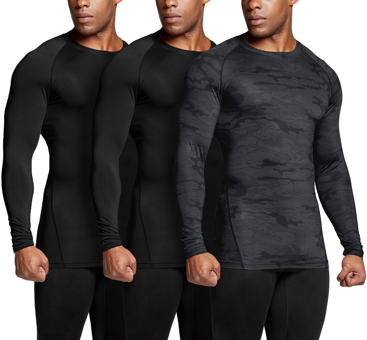 TSLA Men's UPF 50+ Compression 3-Pack - Long Sleeve Athletic Workout Shirt, Water Sports Rash Guard, Large Black/Urban Camo