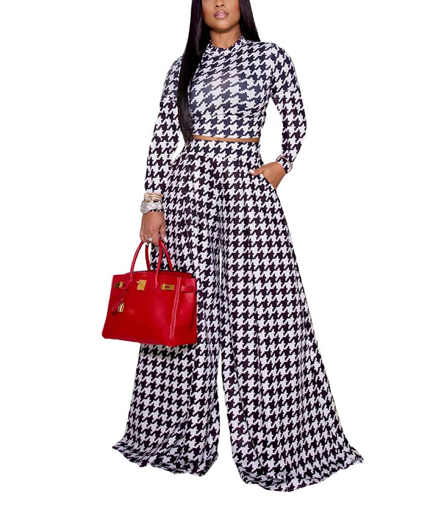 ksotutm 2 Piece Outfits for Women Long Sleeves Round Neck Plaid Short Tshirt High Waist Wide Leg Full Length Pants Set