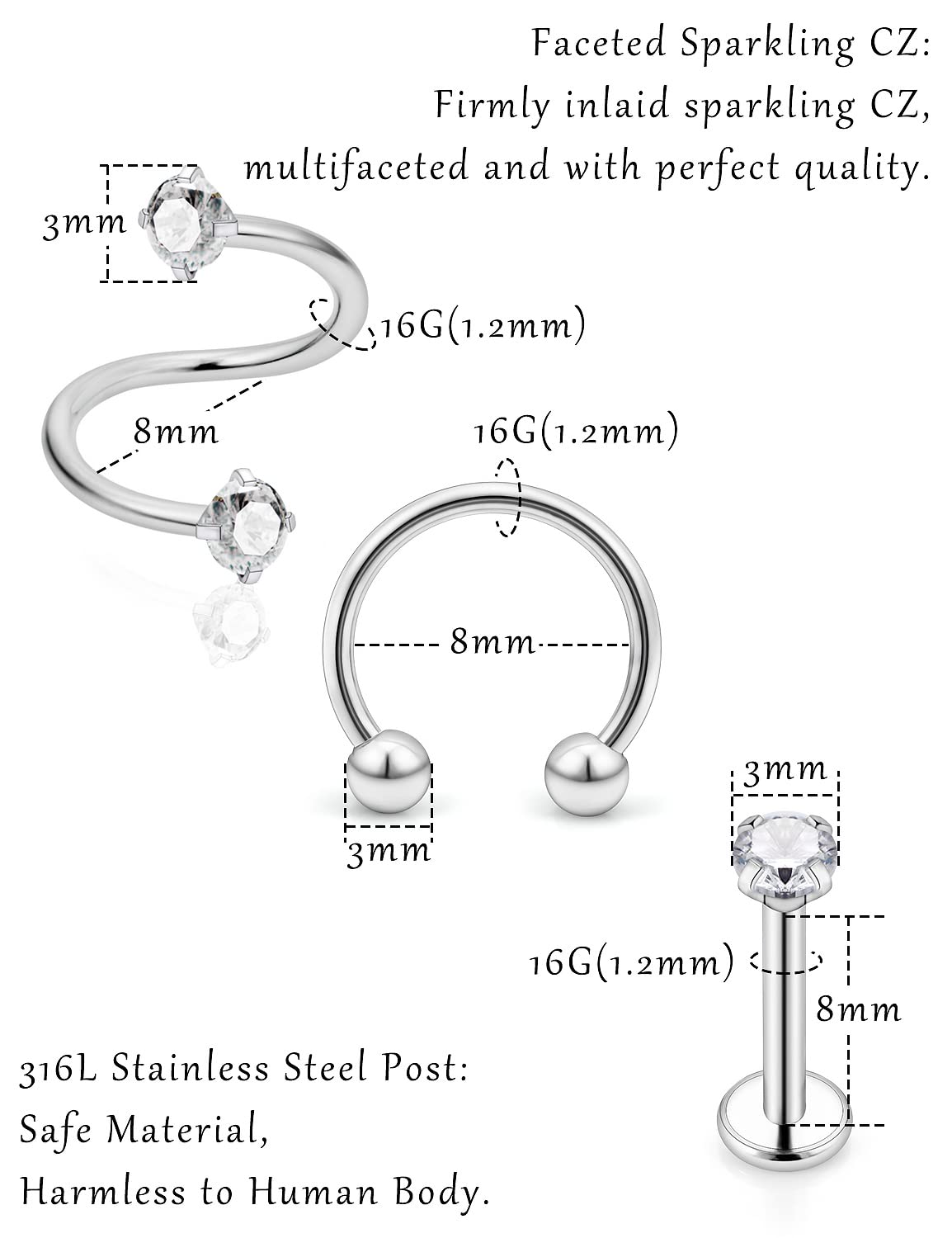 Ovxznts 24Pcs Assorted Design 16g Lip Rings Studs Medusa Piercing Jewelry Surgical Steel Monroe Labret Tragus Earrings Hoop Horseshoe Septum Ring Twist Helix Cartilage Piercings for Women Men