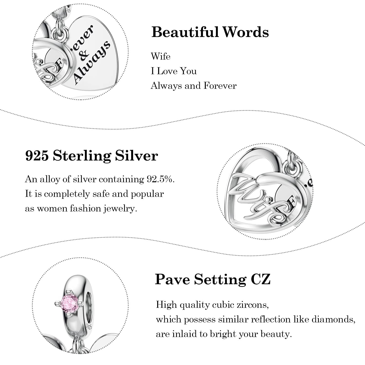 JIAYIQI Present for Wife, Wife Charm for Pandora Charms Bracelet 925 Sterling Silver Forever Always Love Charms with Cubic Zircon for Women Birthday Christmas Valentine's Day Present