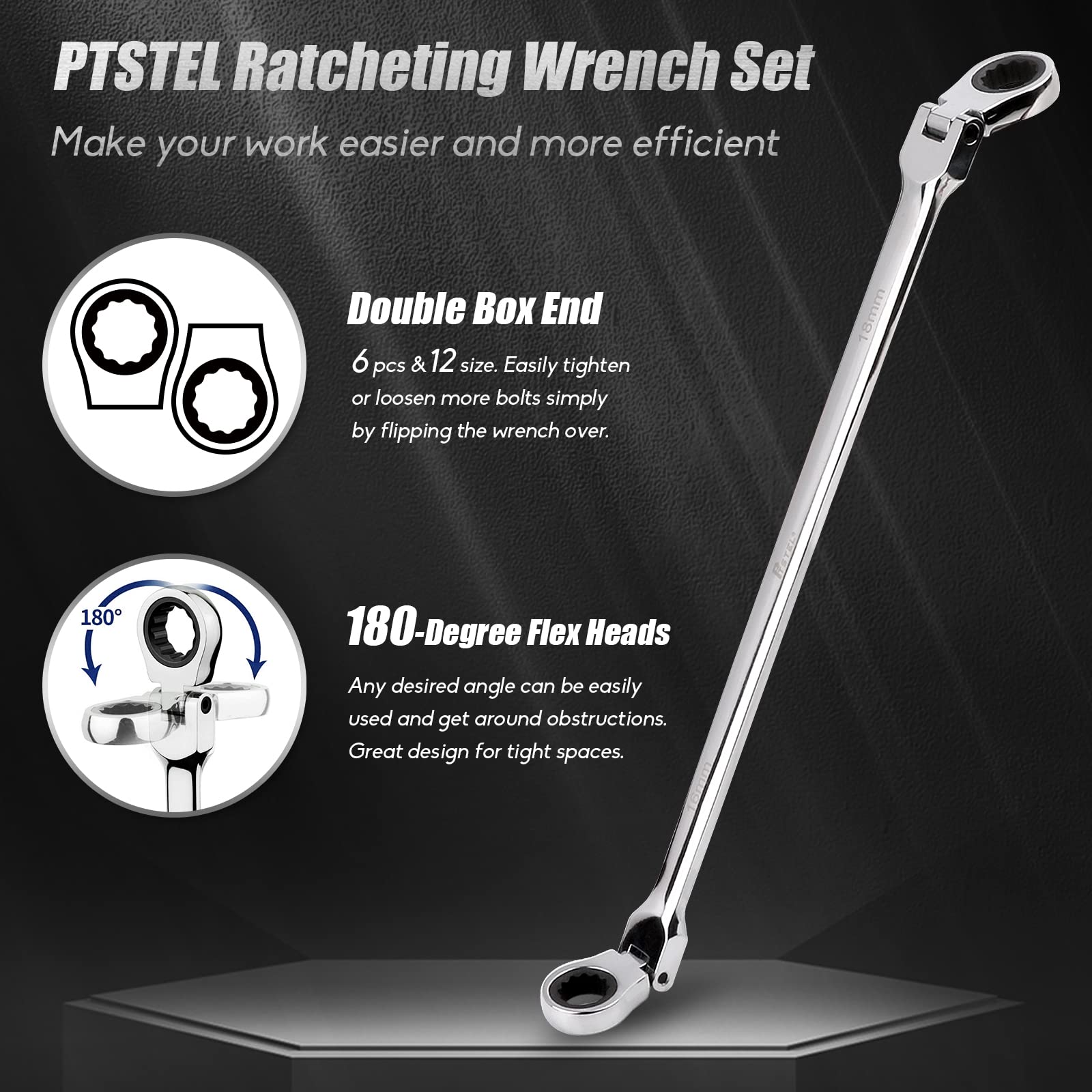 PTSTEL Ratcheting Wrench Set, Extra Long Double Box End Wrench Set，Flex-Head Metric Spanner Set, 6 Piece 72-Tooth Ratcheting Wrench Kit, 8-19mm (6, 8-19mm)