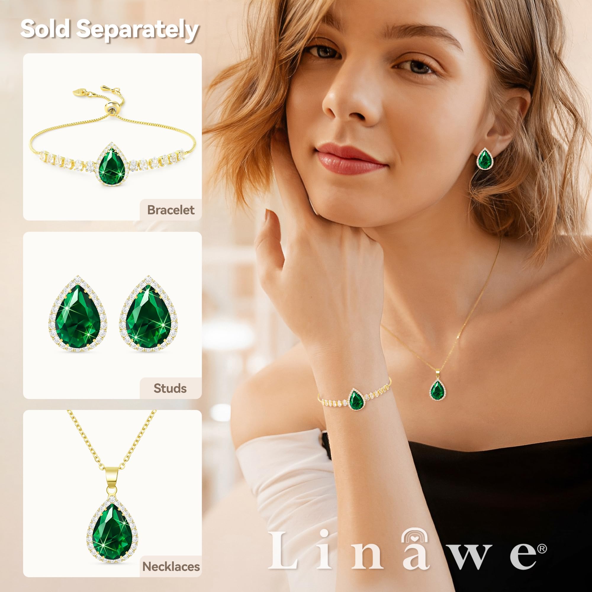 Linawe Emerald Crystal Chain Necklace for Women Trendy, Green Diamond Pendant, Cubic Zirconia Birthstone Rhinestone Teardrop, Preppy Dainty Boho Summer Beach Jewelry