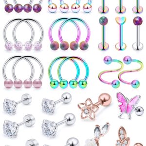 Yaalozei 16G Cartilage Helix Tragus Ear Earrings Stud Set Piercing Jewelry for Women 16 Gauge Stainless Surgical Steel Hypoallergenic Rook Daith Conch Earring Ring Hoop Piercings Jewelry Colorful Men