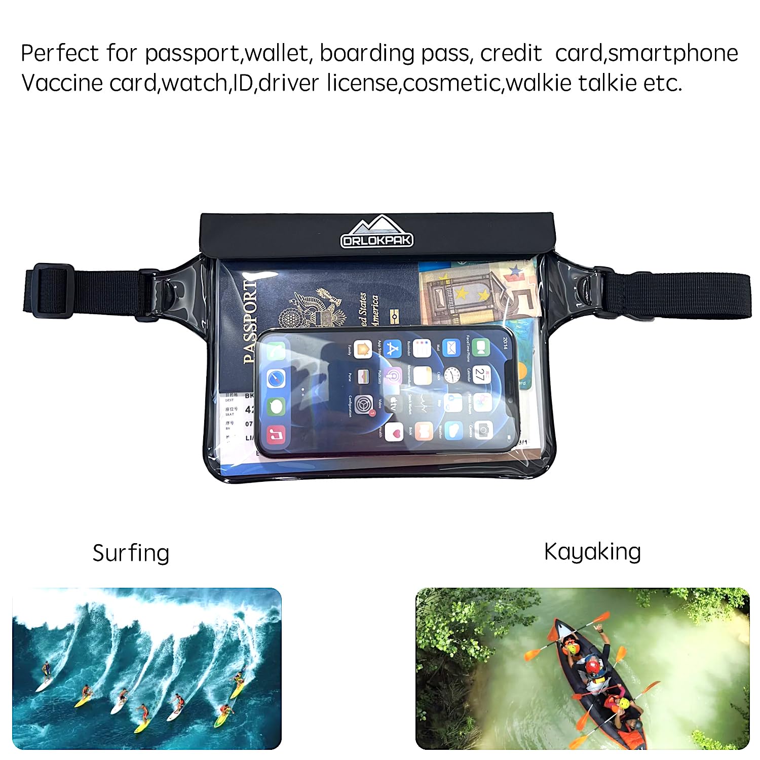 DRLOKPAK Waterproof Waist Bag Waterproof Waist Pouch With Secret Holder Keep Your Phone kindle Wallet Watch Passport Dry Perfect For Surf Canoe Swim Snorkel Dive Beach Pool (Black)