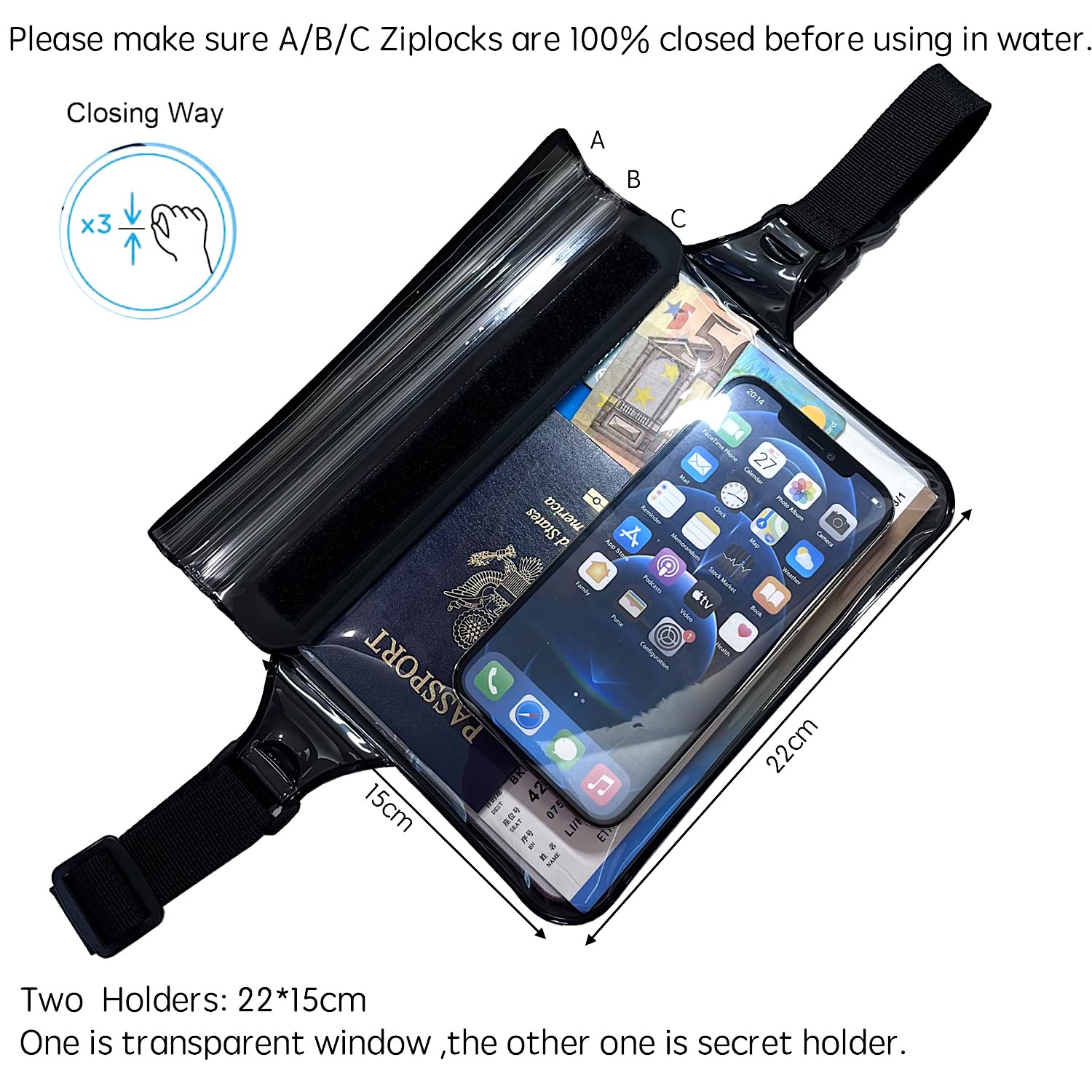 DRLOKPAK Waterproof Waist Bag Waterproof Waist Pouch With Secret Holder Keep Your Phone kindle Wallet Watch Passport Dry Perfect For Surf Canoe Swim Snorkel Dive Beach Pool (Black)