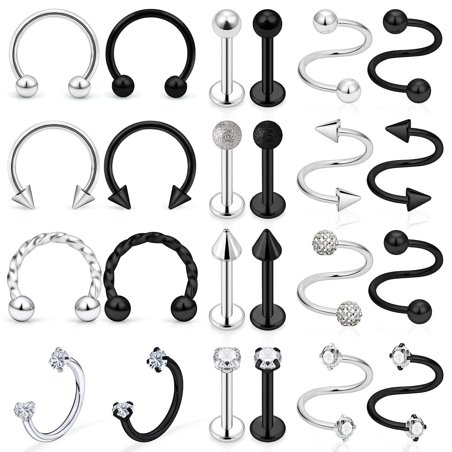 Ovxznts 24Pcs Assorted Design 16g Lip Rings Studs Medusa Piercing Jewelry Surgical Steel Monroe Labret Tragus Earrings Hoop Horseshoe Septum Ring Twist Helix Cartilage Piercings for Women Men