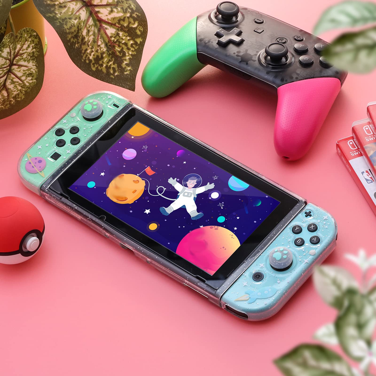 ECHZOVE Switch Glitter Case, Switch Cute Case with Tempered Glass Screen Protector and Thumb Grip Caps - Rocket