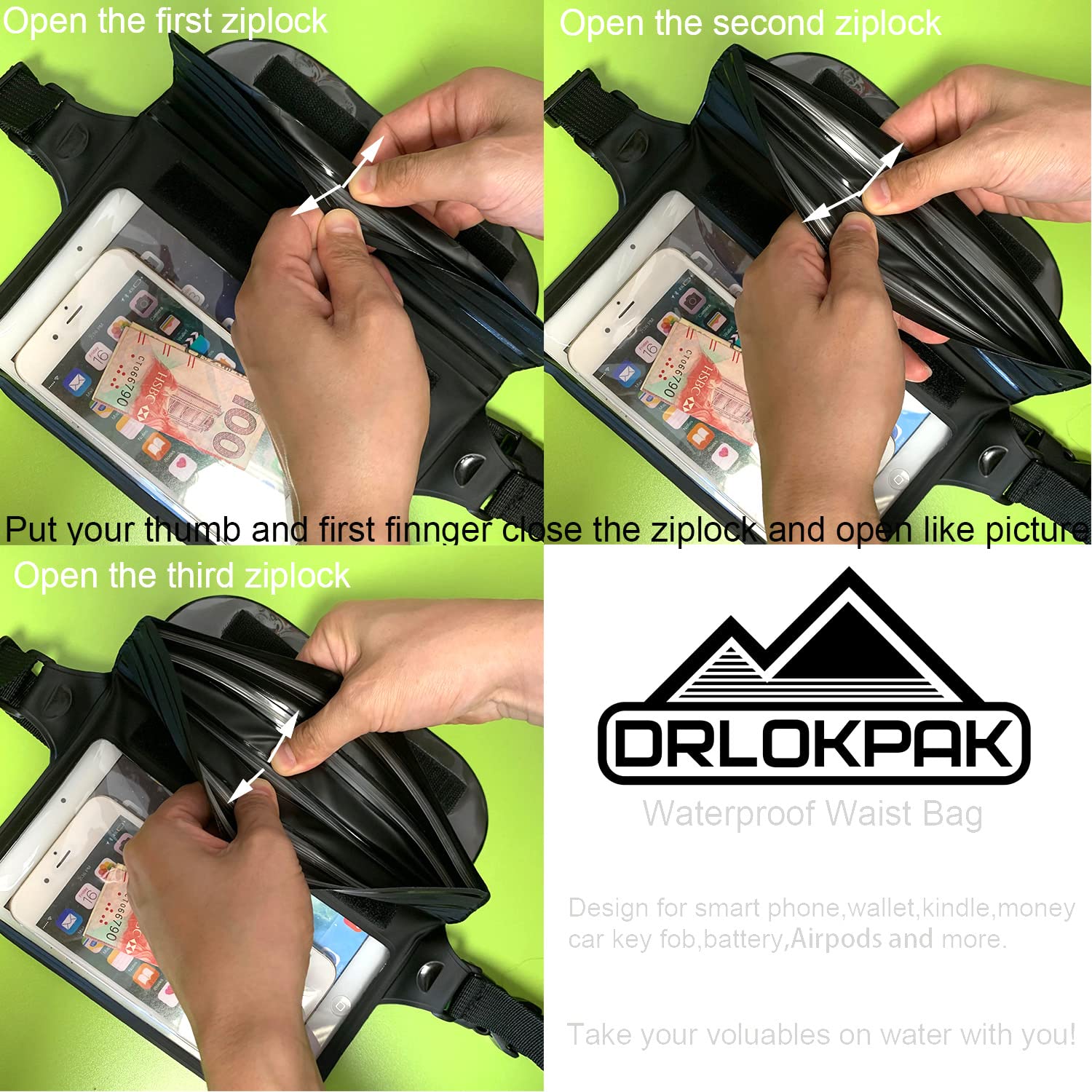 DRLOKPAK Waterproof Waist Bag Waterproof Waist Pouch With Secret Holder Keep Your Phone kindle Wallet Watch Passport Dry Perfect For Surf Canoe Swim Snorkel Dive Beach Pool (Black)