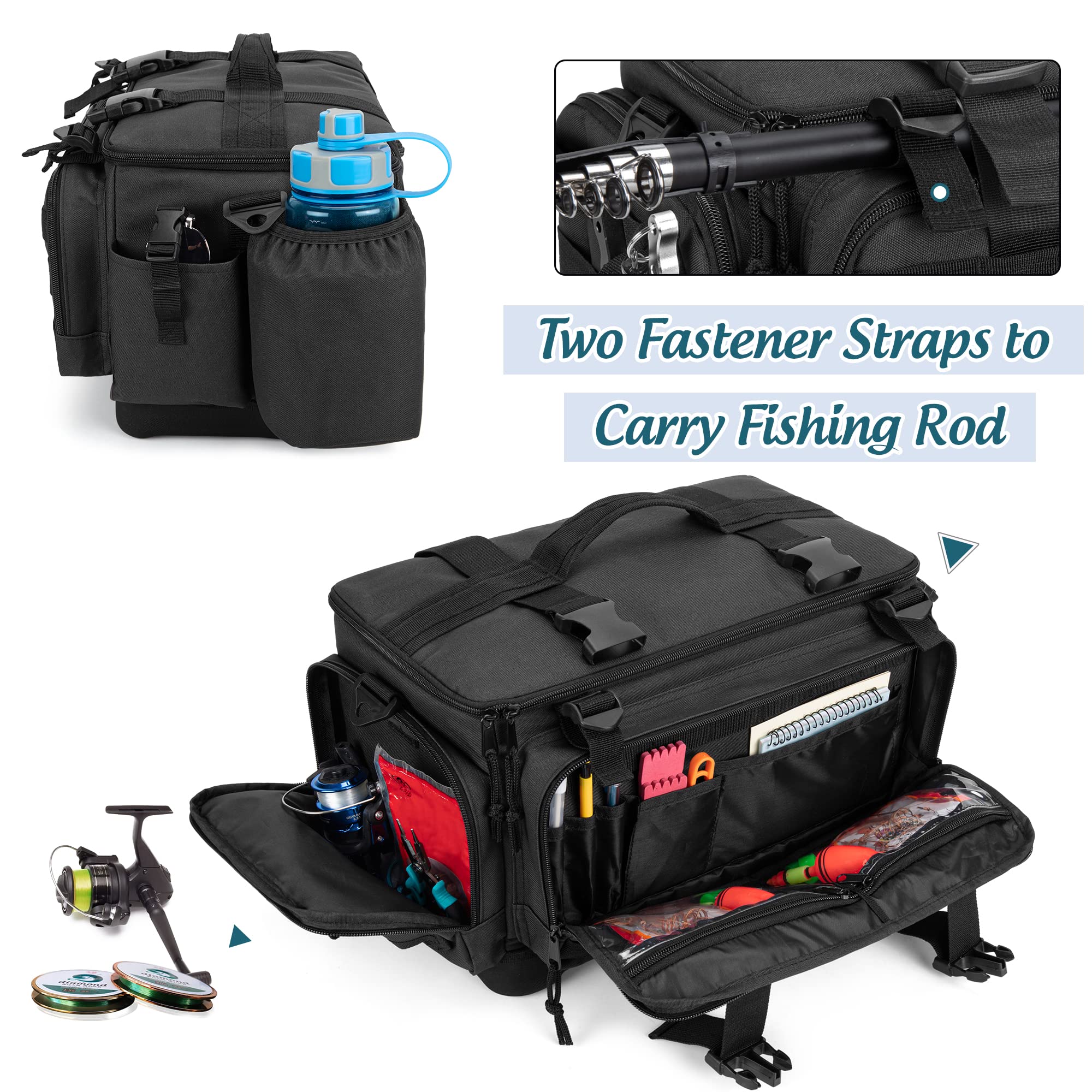 DSLEAF Waterproof Tackle Box Bag with Rod Holder, Soft Fishing Tackle Storage Bag with Non-Slip Base for Saltwater or Freshwater Fishing (Patent Design), Only Bag