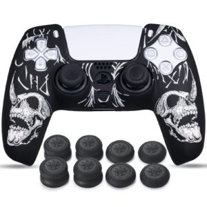 yorha laser carving silicone skin for ps5 controller x 1(skulls white) with exclusive thumb grips x 8