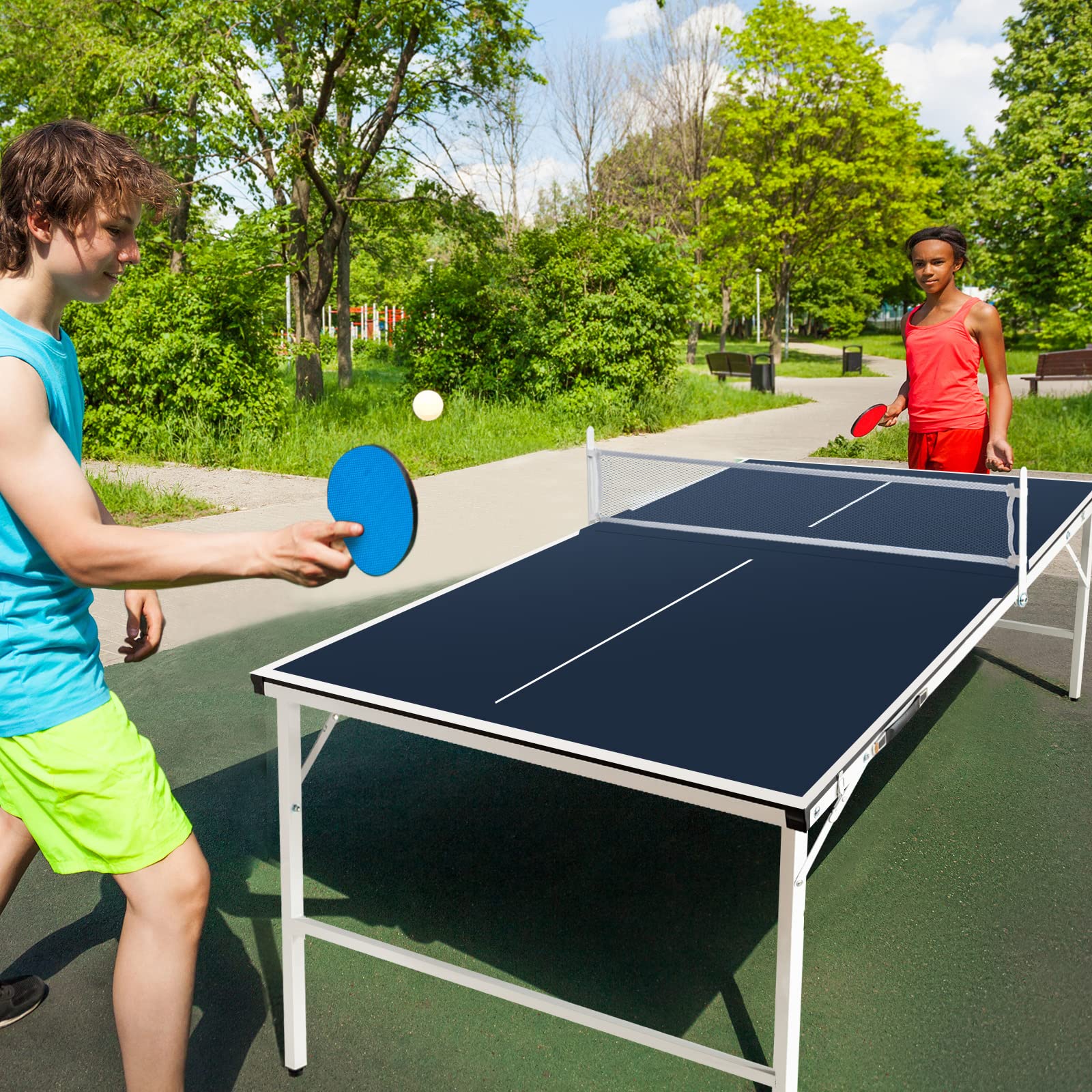 Tiktun Ping Pong Table, Foldable Tennis Table,with 2 Table Tennis Paddles and 3 Balls, Indoor/Outdoor Portable Table Tennis Game with Net,Blue,Medium