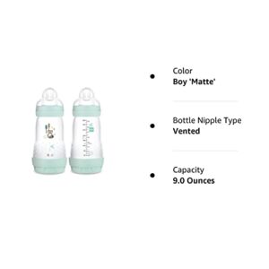 MAM Easy Start Matte Anti-Colic Baby Bottles, Medium Flow Nipples, Baby Boy, 9 oz (2 Count), Blue