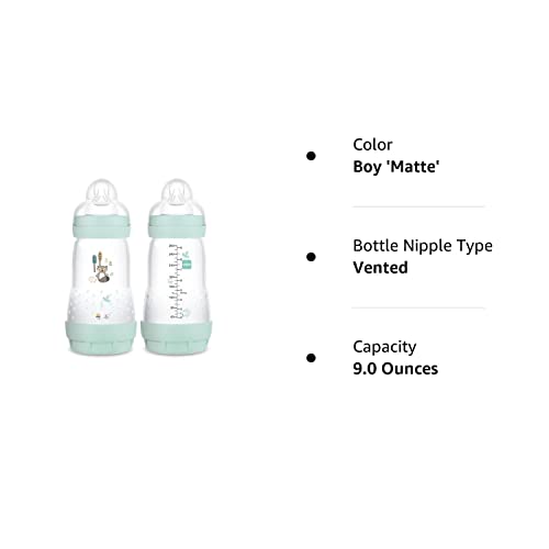 MAM Easy Start Matte Anti-Colic Baby Bottles, Medium Flow Nipples, Baby Boy, 9 oz (2 Count), Blue