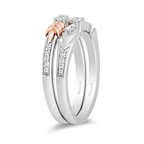 Jewelili Enchanted Disney Fine Jewelry Sterling Silver and 10K Rose Gold 1/5 Cttw Natural White Round Diamond Elsa-Anna Duo Stack Ring, Size 8