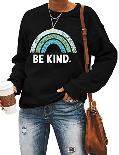 Sea Zaela Women Be Kind Oversized Sweatshirts For Woman Long Sleeve Tops Crewneack Cute Graphic Loose Fit Pullover Black Kind Medium