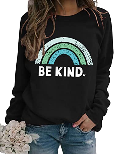 Sea Zaela Women Be Kind Oversized Sweatshirts For Woman Long Sleeve Tops Crewneack Cute Graphic Loose Fit Pullover Black Kind Medium