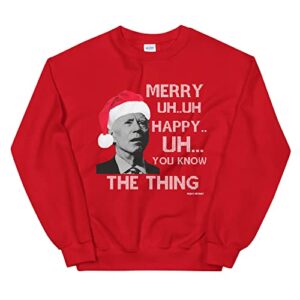 Pesky Patriot Funny Joe Biden Merry UH UH Ugly Christmas Sweater | Hilarious Mumbling Biden Tacky Xmas Pullover Sweatshirt for Men or Women (XX_Large) Red