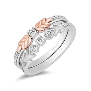 Jewelili Enchanted Disney Fine Jewelry Sterling Silver and 10K Rose Gold 1/5 Cttw Natural White Round Diamond Elsa-Anna Duo Stack Ring, Size 8