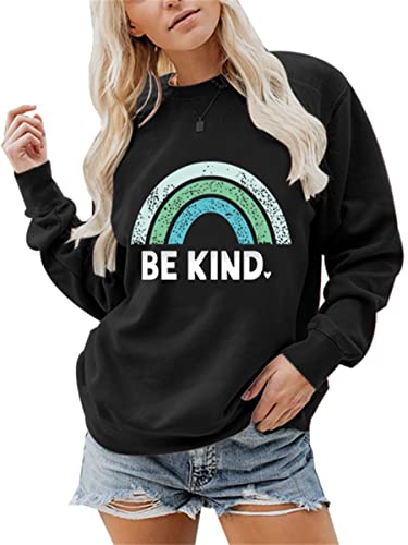 Sea Zaela Women Be Kind Oversized Sweatshirts For Woman Long Sleeve Tops Crewneack Cute Graphic Loose Fit Pullover Black Kind Medium