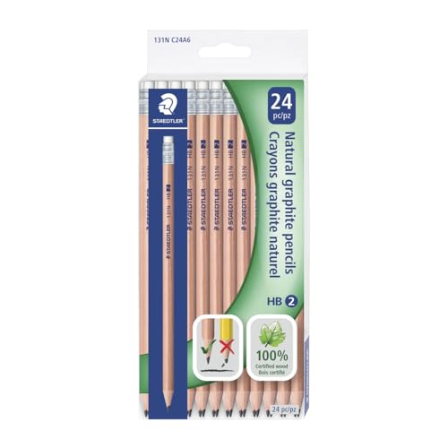 STAEDTLER 131N Unpainted Natural Wood Graphite Pencils, HB2 Woodcased Pencils, Lacquer-Free Round Barrel, Pack of 24