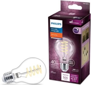 philips led vintage flicker-free clear spiral a19 dimmable, eyecomfort technology, 500 lumen, soft white(2700k), 5.5w=40w, title 20 certified, e26 base (565788), 1 count (pack of 1)