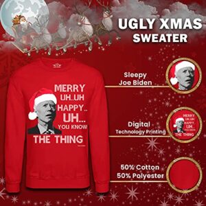 Pesky Patriot Funny Joe Biden Merry UH UH Ugly Christmas Sweater | Hilarious Mumbling Biden Tacky Xmas Pullover Sweatshirt for Men or Women (XX_Large) Red