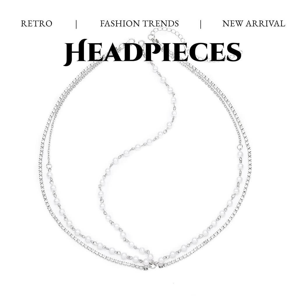 Fdesigner Boho Pearl Head Chain Vintage Crystal Headpieces Wedding Rhinestone Hair Jewelry Party Festival Hair Accessories for Women and Girls (Silver)