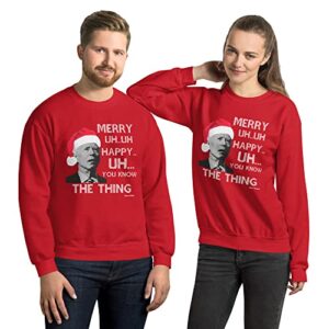 Pesky Patriot Funny Joe Biden Merry UH UH Ugly Christmas Sweater | Hilarious Mumbling Biden Tacky Xmas Pullover Sweatshirt for Men or Women (XX_Large) Red