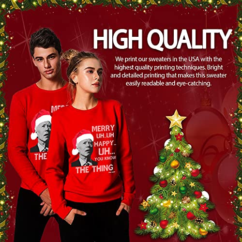 Pesky Patriot Funny Joe Biden Merry UH UH Ugly Christmas Sweater | Hilarious Mumbling Biden Tacky Xmas Pullover Sweatshirt for Men or Women (XX_Large) Red