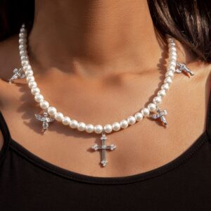 HELLOICE Pearl Necklace with Cross and Praying Angel Pendant Round White Pearl Necklace Pearl Choker Necklace Charm Strand Pearl Necklace for Women Men