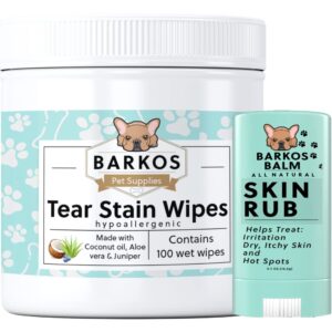 Tear Stain Wipes + Skin Balm For Dogs | Bulldog, French Bulldog, Pug, English Bulldog | Cleans & Soothes Tear Stains, Wrinkles, Folds, Tail Pockets & Paws, Anti-Itch | 100 Soft Cotton Pads