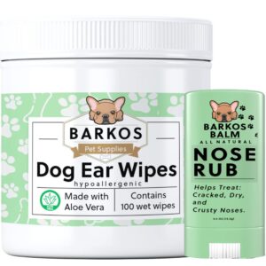 Dog Ear Cleaner Wipes + Nose Balm for Dogs | Bulldog, French Bulldog, Pug, English Bulldog, Cleans & Soothes Ears, Wrinkles, Folds, Tear Stain, Infection Treatment Cleaning + Snout Soother by Barkos