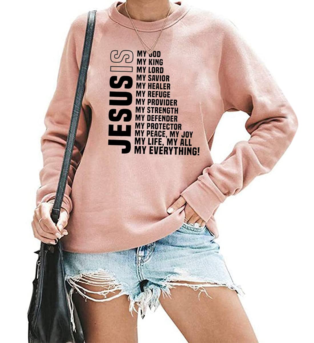 TSIIUO Women's Jesus is My Everything Christian Sweatshirt Funny Jesus Christ Bible Verse Pullover Tops Tees Pink XL