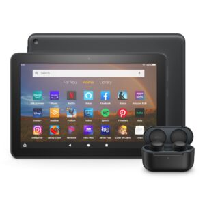 fire hd 8 plus tablet echo buds bundle including fire hd 8 tablet (black, 32 gb), without lockscreen ads, 8" hd display, and all-new echo buds