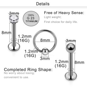 Dyknasz G23 Implant Grade Solid Titanium 16G Lip Rings Clear Diamond CZ Labret Studs Medusa Piercing Jewelry Horseshoe Ring Daith Earring Hoop Body Jewelry Piercing for Women Men 8mm