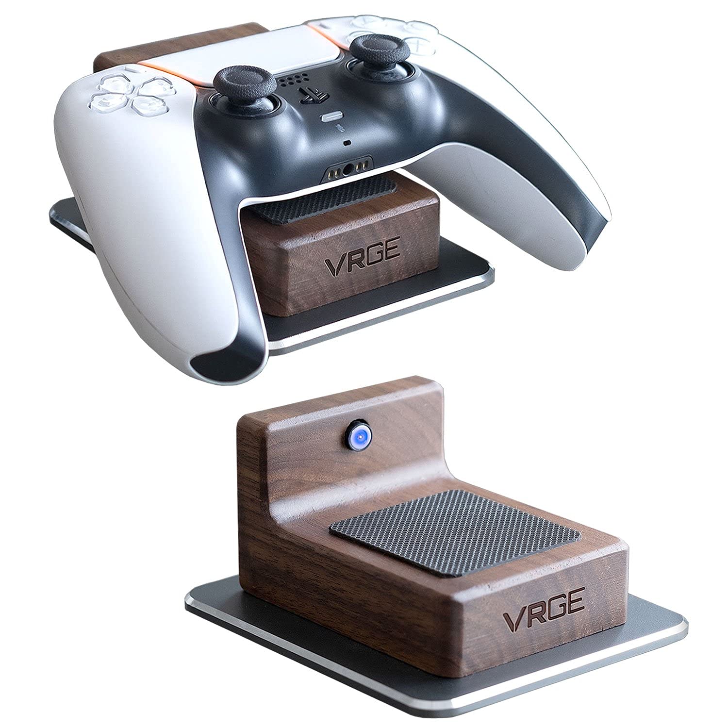 VRGE - PS5 Controller Charging Storage Dock - Premium Walnut Wood Gunmetal Aluminum Magnetic Charging Station Stand and Charger Cable Cord Holder Mount for Sony PlayStation 5 DualSense