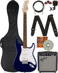 fender stratocaster ht, white pickguard - transparent blue bundle with frontman 10g amplifier, instrument cable, gig bag, strap, picks, and austin bazaar instructional dvd