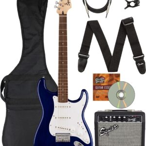 Fender Stratocaster HT, White Pickguard - Transparent Blue Bundle with Frontman 10G Amplifier, Instrument Cable, Gig Bag, Strap, Picks, and Austin Bazaar Instructional DVD