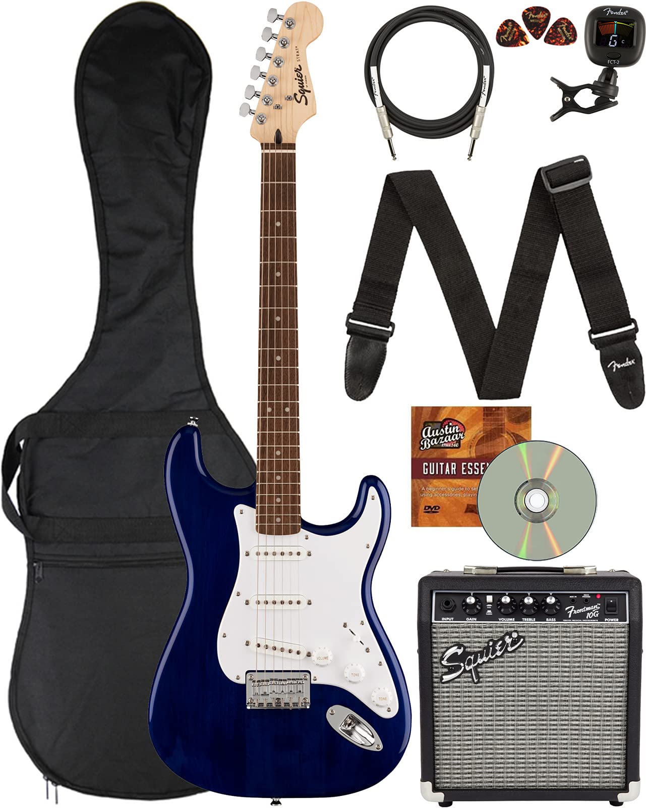 Fender Stratocaster HT, White Pickguard - Transparent Blue Bundle with Frontman 10G Amplifier, Instrument Cable, Gig Bag, Strap, Picks, and Austin Bazaar Instructional DVD