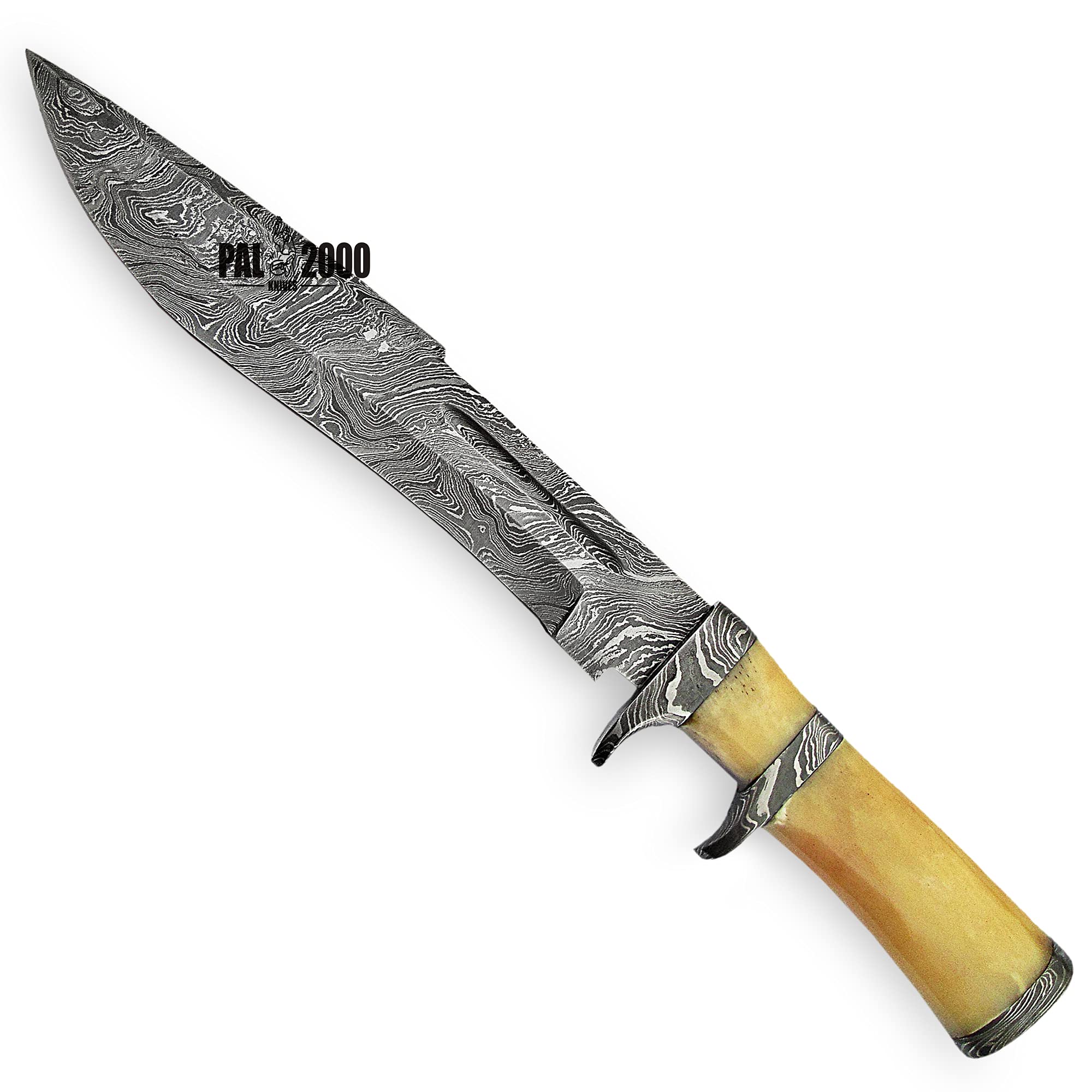 PAL 2000 KNIVES HUN-9969 Handmade Damascus Steel Fixed Blade Hunting 13 Inch Knife Camel Bone Handle