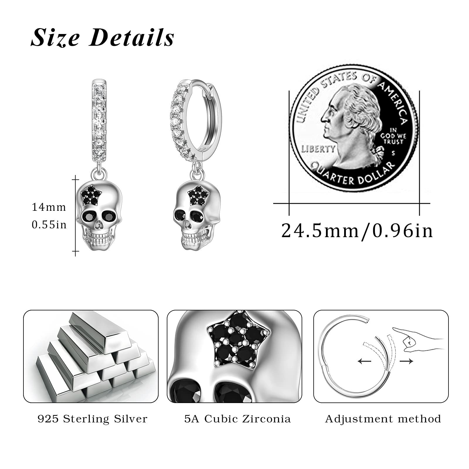 Skull Earrings，925 Sterling Silver Skull Huggie Hoop Earrings for Women Skull Hoop Earrings Cubic Zirconia Dangle Earrings Goth Earrings Halloween Jewelry Gifts for Women Men