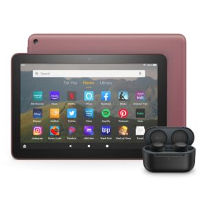 fire hd 8 tablet echo buds bundle including fire hd 8 tablet (plum, 64 gb), lockscreen ad-supported, 8" hd display, and all-new echo buds