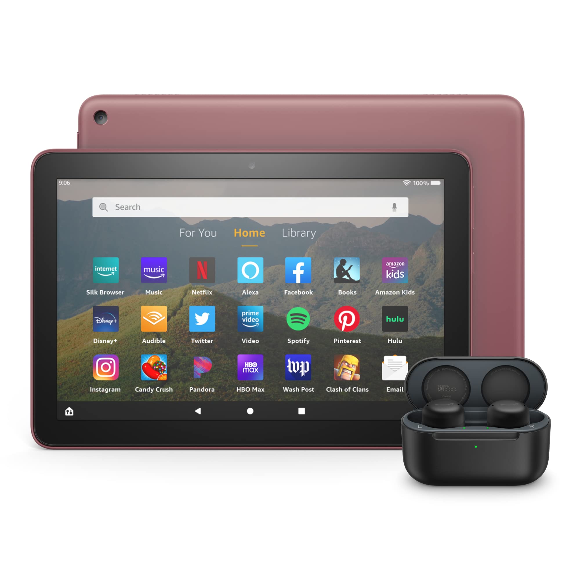 Fire HD 8 tablet Echo Buds bundle including Fire HD 8 tablet (Plum, 64 GB), Lockscreen Ad-Supported, 8" HD display, and All-new Echo Buds