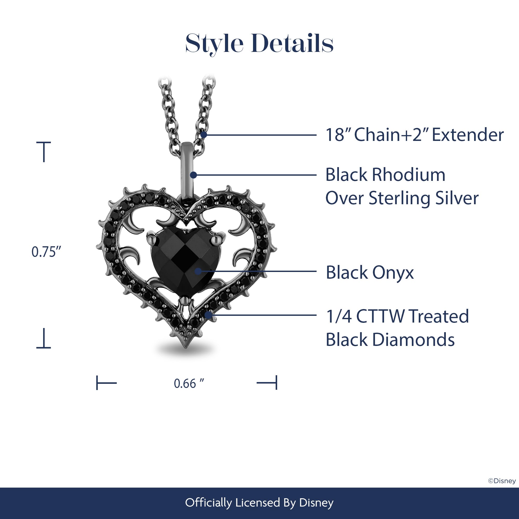 Jewelili Enchanted Disney Fine Jewelry Black Rhodium Over Sterling Silver 7 MM Heart Cut Onyx and 1/4 Cttw Treated Black Round Diamond Maleficent Heart Pendant Necklace 18" Cable Chain