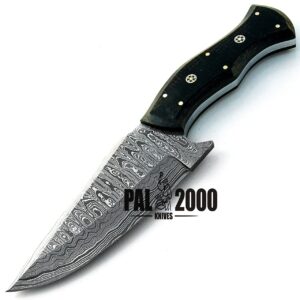 PAL 2000 HUNTING KNIVES Knife With Leather Sheath - Handmade damascus Steel Knife - Custom Knife - 9 Inches Micarta Handle, 9556 Black, White and Gray