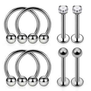 Dyknasz G23 Implant Grade Solid Titanium 16G Lip Rings Clear Diamond CZ Labret Studs Medusa Piercing Jewelry Horseshoe Ring Daith Earring Hoop Body Jewelry Piercing for Women Men 8mm